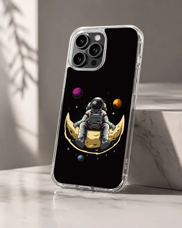 Astronaut sitting on a crescent moon with planets, phone case — Hero