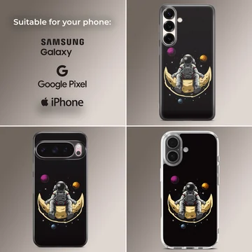 Astronaut sitting on a crescent moon with planets, phone case — Collage