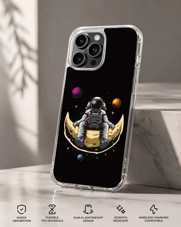 Astronaut sitting on a crescent moon with planets, phone case — Specs