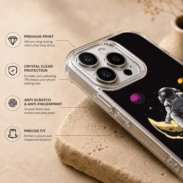 Astronaut sitting on a crescent moon with planets, phone case — Info
