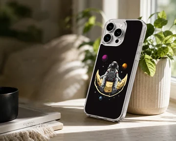 Astronaut sitting on a crescent moon with planets, phone case — Lifestyle