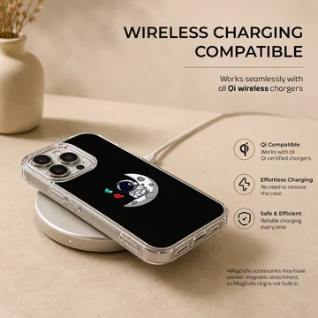 Astronaut floating on a moon with a black background phone case — Charging