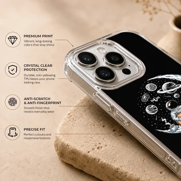 Astronaut playing guitar surrounded by planets on a phone case — Info