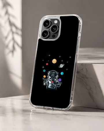 Astronaut exploring a cosmic scene with planets and stars on phone case — Hero