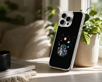Astronaut exploring a cosmic scene with planets and stars on phone case — Lifestyle