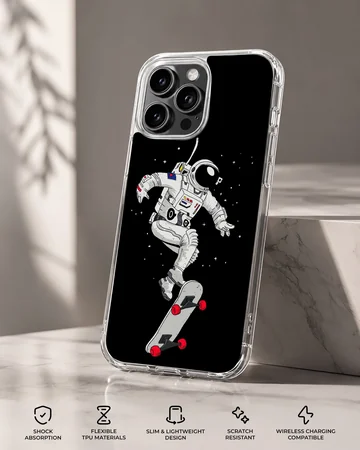 Astronaut skateboarding through space design on phone case — Specs