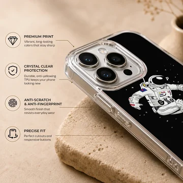 Astronaut skateboarding through space design on phone case — Info