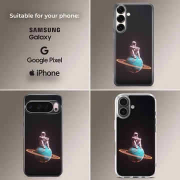 Astronaut sitting on a planet with rings in a starry backdrop phone case — Collage