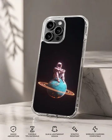 Astronaut sitting on a planet with rings in a starry backdrop phone case — Specs
