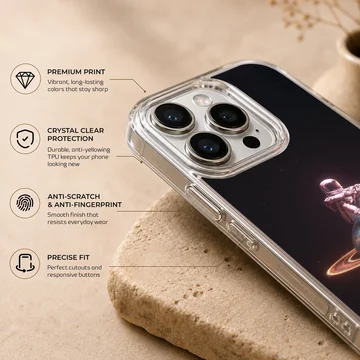 Astronaut sitting on a planet with rings in a starry backdrop phone case — Info