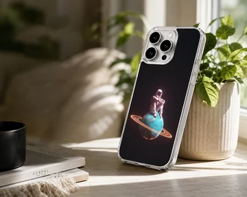 Astronaut sitting on a planet with rings in a starry backdrop phone case — Lifestyle