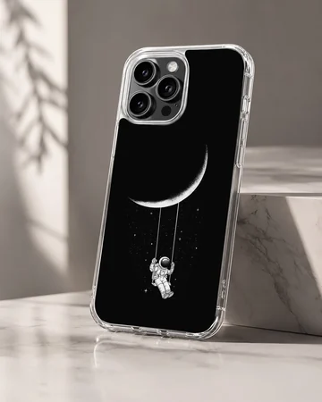 Astronaut swinging from a crescent moon design phone case — Hero