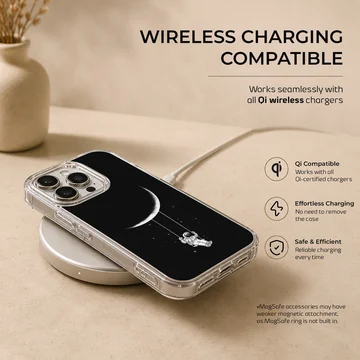 Astronaut swinging from a crescent moon design phone case — Charging