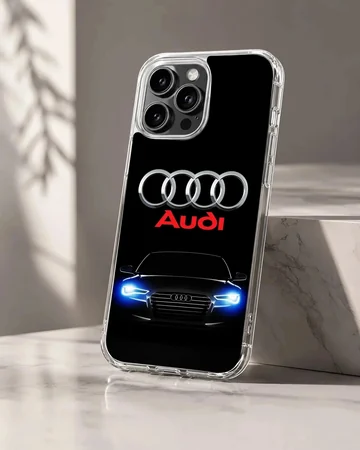 Phone case featuring Audi car with iconic rings and bold design.