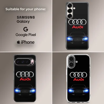Phone case featuring Audi car with iconic rings and bold design. — Collage