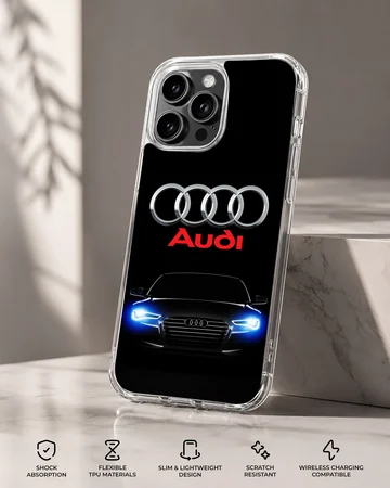 Phone case featuring Audi car with iconic rings and bold design. — Specs