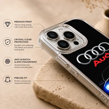 Phone case featuring Audi car with iconic rings and bold design. — Info