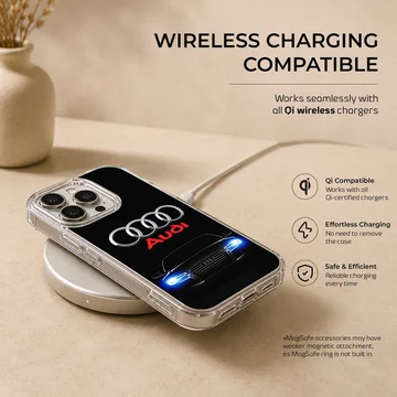 Phone case featuring Audi car with iconic rings and bold design. — Charging