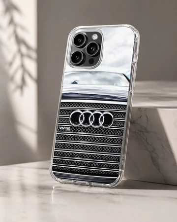 Sleek Audi design on phone case featuring detailed car grille. — Hero