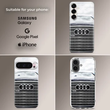 Sleek Audi design on phone case featuring detailed car grille. — Collage