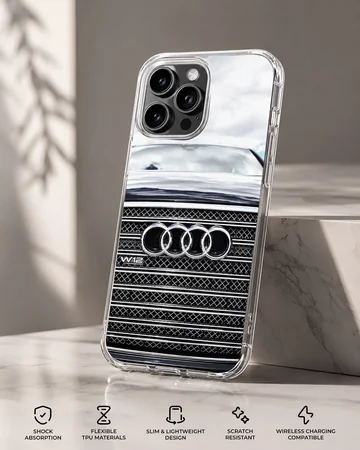 Sleek Audi design on phone case featuring detailed car grille. — Specs
