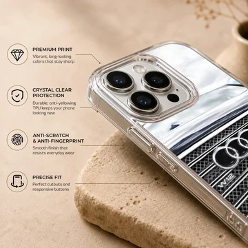 Sleek Audi design on phone case featuring detailed car grille. — Info