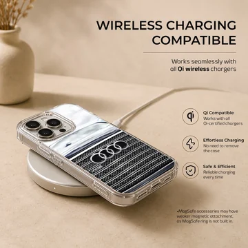Sleek Audi design on phone case featuring detailed car grille. — Charging