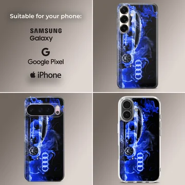 Audi-inspired phone case with blue digital design — Collage