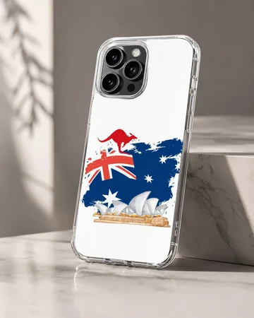Phone case featuring the Australian Flag artwork with iconic landmarks. — Hero