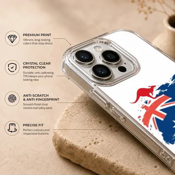 Phone case featuring the Australian Flag artwork with iconic landmarks. — Info