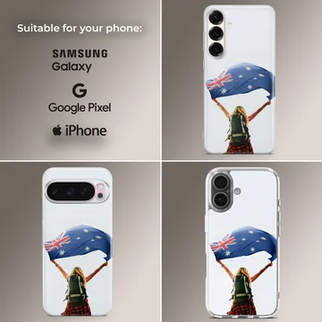 Australian flag with adventurous scene on phone case — Collage