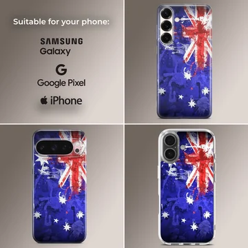 Australian flag design, vibrant blue and red colors, phone case — Collage