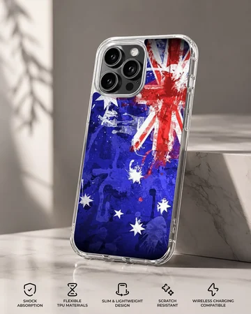 Australian flag design, vibrant blue and red colors, phone case — Specs