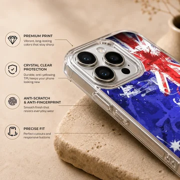 Australian flag design, vibrant blue and red colors, phone case — Info
