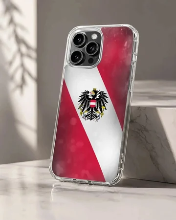 Austria flag design on phone case featuring the national emblem atop red and white stripes.