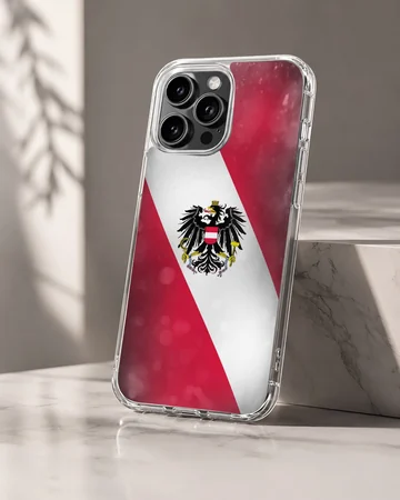 Austria flag design on phone case featuring the national emblem atop red and white stripes. — Hero