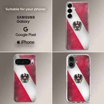 Austria flag design on phone case featuring the national emblem atop red and white stripes. — Collage