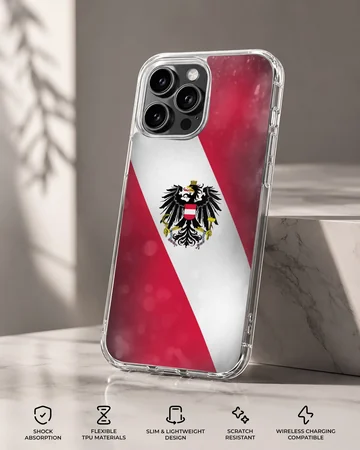 Austria flag design on phone case featuring the national emblem atop red and white stripes. — Specs