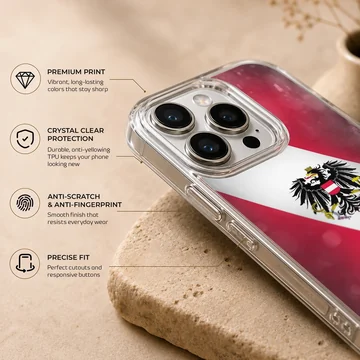 Austria flag design on phone case featuring the national emblem atop red and white stripes. — Info