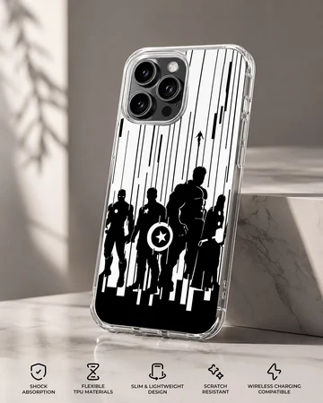 Avengers silhouette with iconic heroes in monochrome phone case — Specs