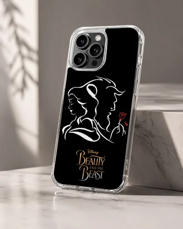 Minimalist Beauty and the Beast silhouette phone case in black and white. — Hero