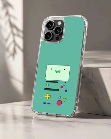 BMO character design on phone case, green background