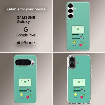 BMO character design on phone case, green background — Collage