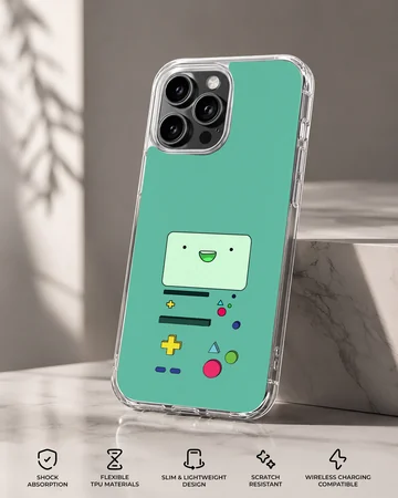 BMO character design on phone case, green background — Specs