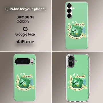 BMO cartoon character in a playful scene on a phone case — Collage