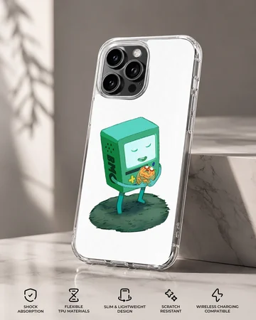 BMO character in playful digital illustration on phone case — Specs