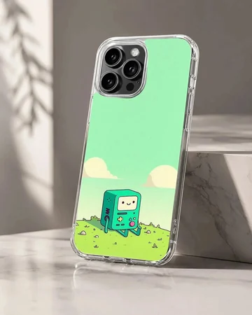 BMO cartoon character in a green landscape on phone case