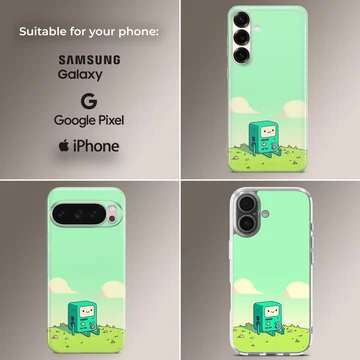 BMO cartoon character in a green landscape on phone case — Collage