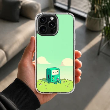 BMO cartoon character in a green landscape on phone case — Lifestyle