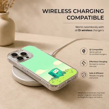 BMO cartoon character in a green landscape on phone case — Charging